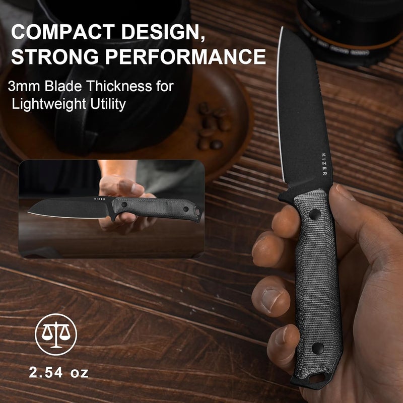 KIZER Begleiter Fix Fixed Blade Knife, 3.75" Sheepsfoot 3V Blade Hunting Knives with Kydex Sheath, Black Micarta Handle EDC Knife for Camping Hunting Survival 1045MS1 - Image 5